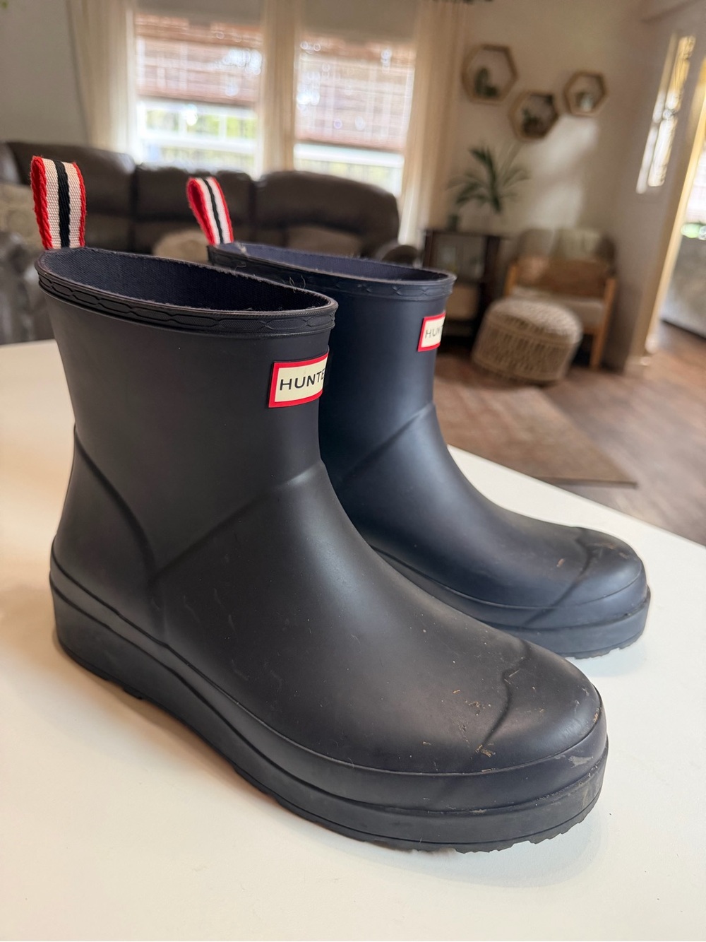Hunter Navy Short Rain Boots with Red-White Heel Tabs